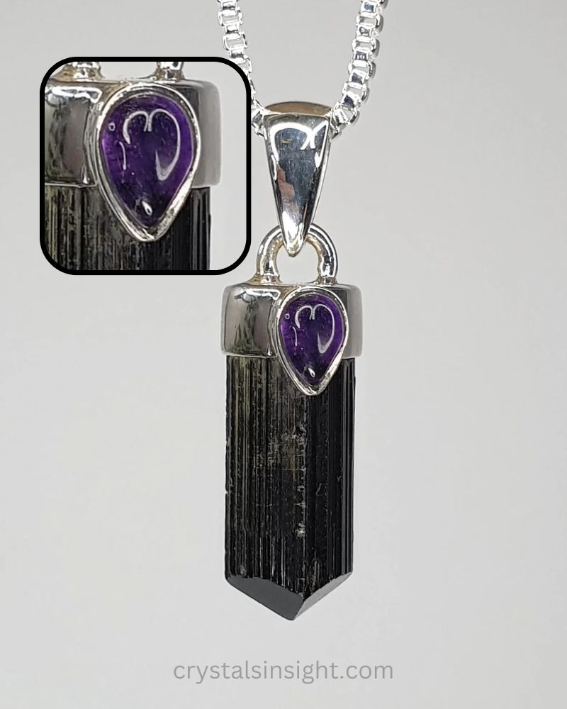 Black Tourmaline and Amethyst Pendant