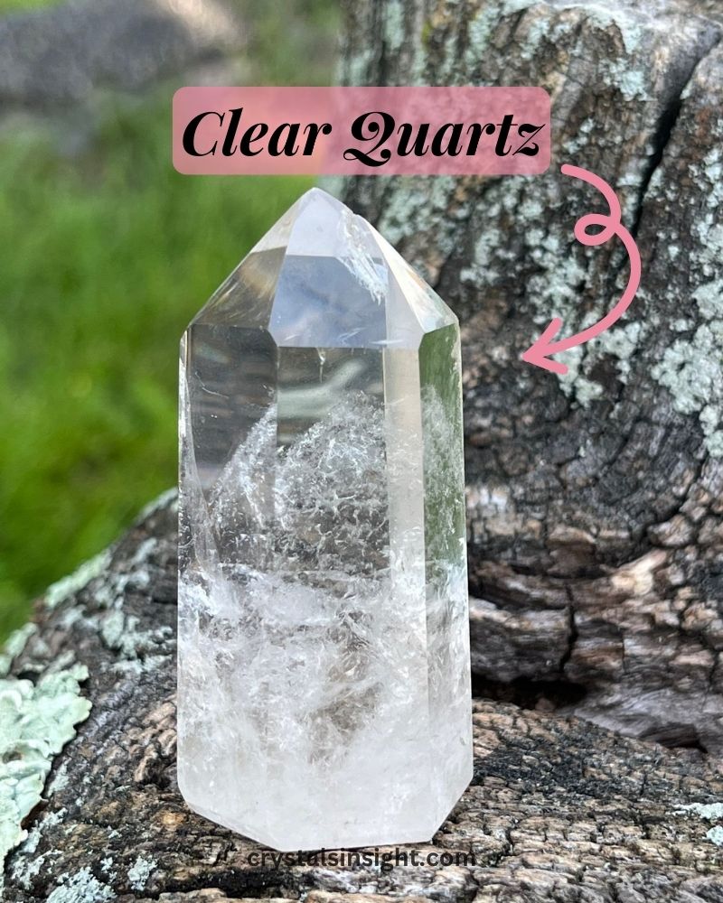 Clear Quartz pure and crystal-clear, like a piece of frozen water reflecting sunlight placed in a garden on tree 