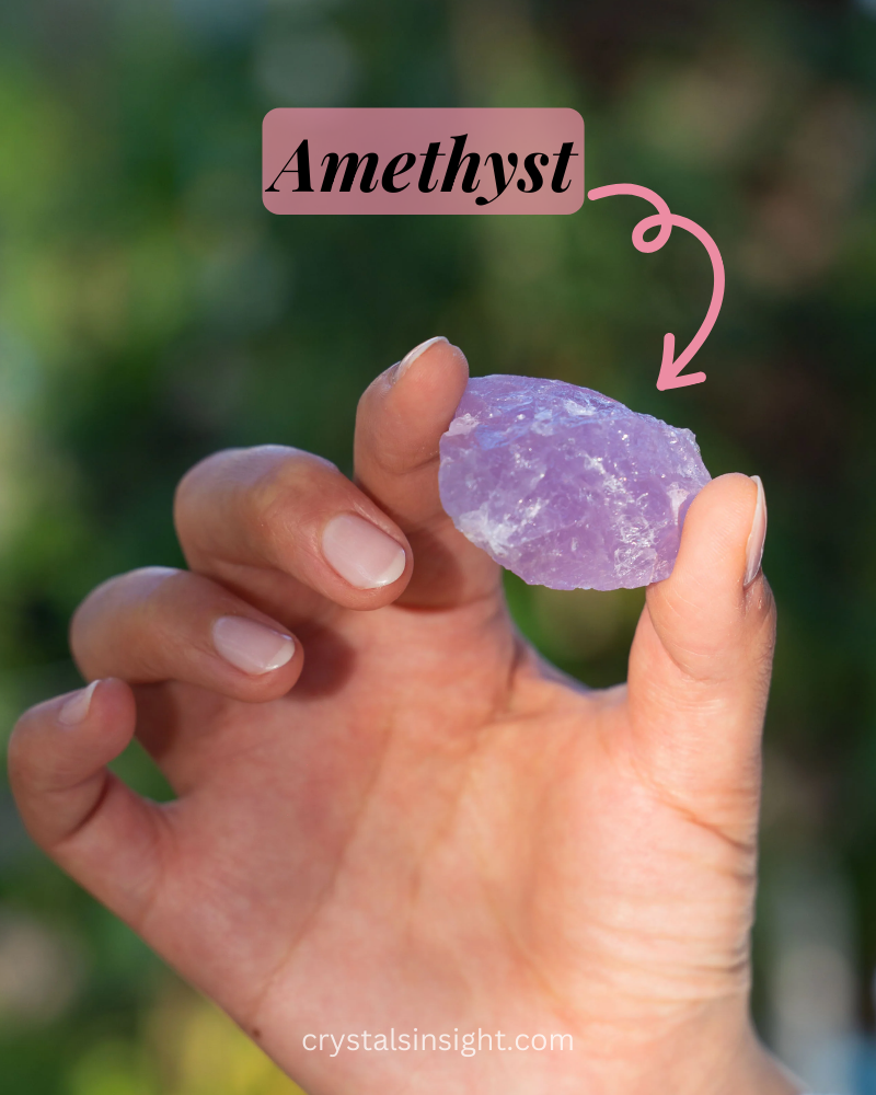 Amethyst is a striking purple gemstone in hand of a man 