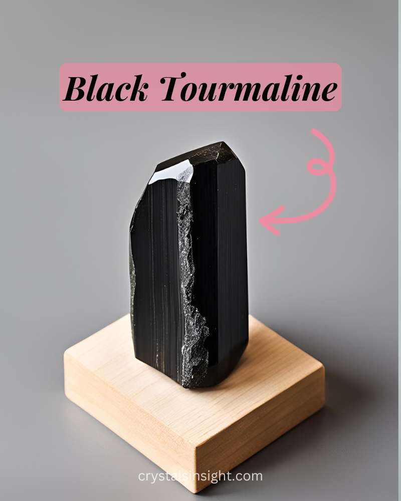 Black Tourmaline is a sleek, jet-black stone with a slightly textured or striated surface, known for its protective properties.