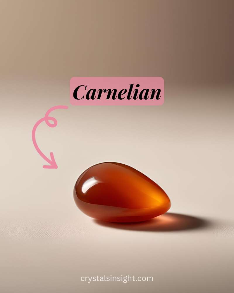 Carnelian is a warm orange to reddish-brown stone with a smooth, glassy finish, symbolizing vitality and courage.