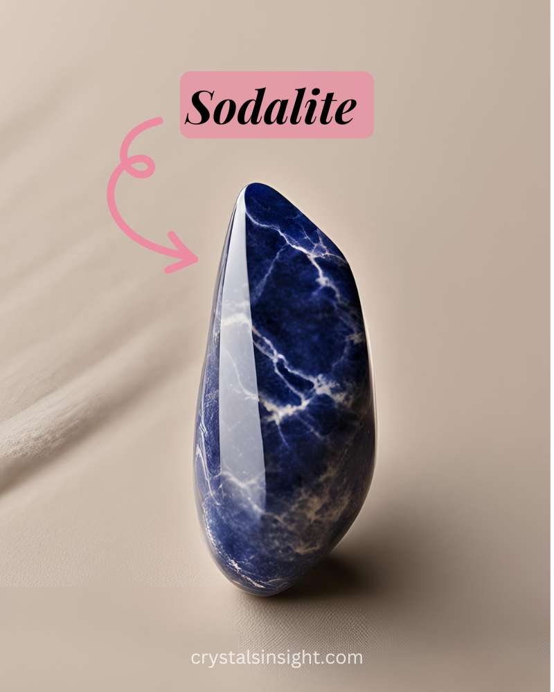 Sodalite is a deep blue stone with white streaks or veins, resembling the night sky, associated with mental clarity.