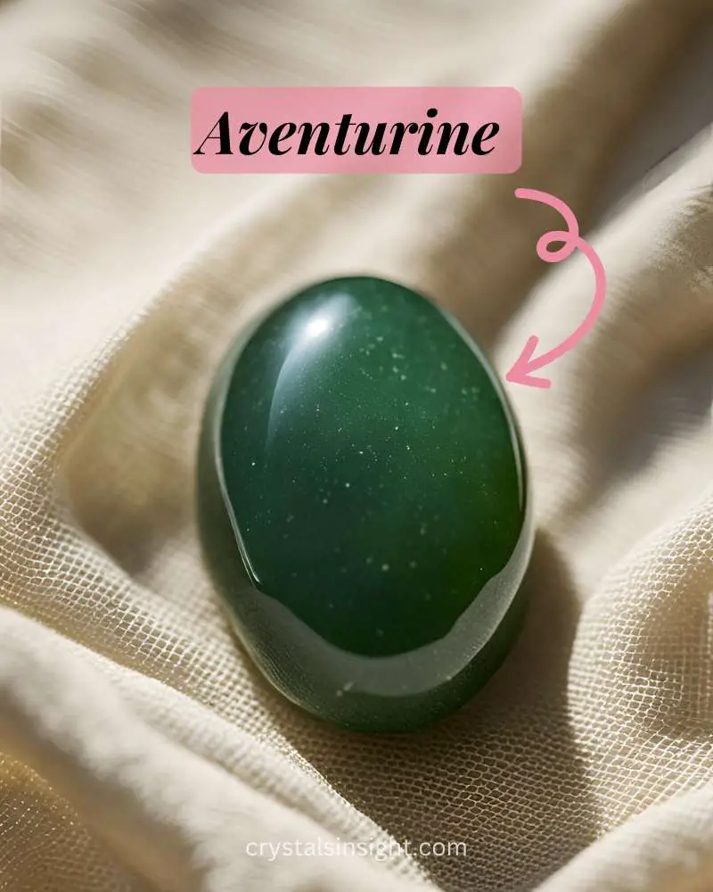 Aventurine is a green crystal with a subtle shimmer caused by tiny mineral inclusions, representing luck and opportunity.